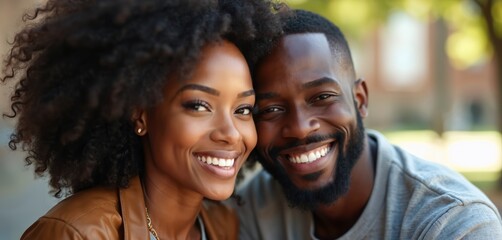 Black African couple portrait. Man, woman smile together. Happy attractive people embrace outdoors. Human relationships, affection, happiness, love, romance themes. Modern lifestyle, photogenic