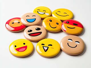 Happy emoji buttons scattered on white background