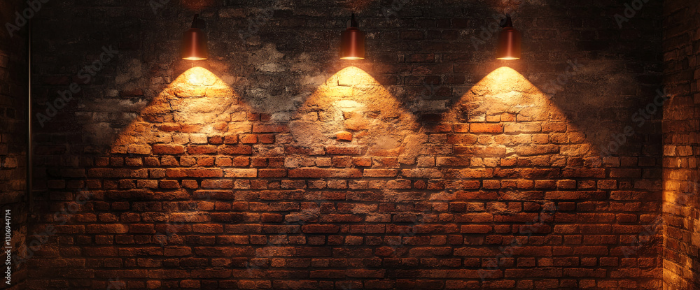 Poster brick wall illuminated by three spotlights, creating a dramatic and atmospheric scene, ideal for sho