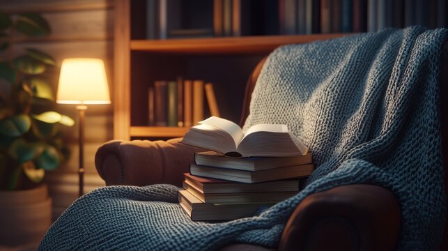 A cozy reading corner with a stack of books and a warm blanket, soft lamp light, peaceful and inviting atmosphere, ultra-realistic, 4K.