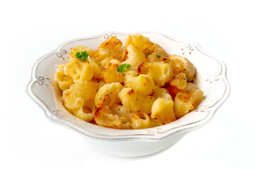 Mac and cheese, the classic pasta with macaroni and Cheddar cheese, baked in the oven