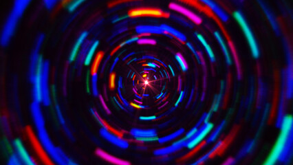 Colorful concentric neon circle. Multicolor RGB swirl background. Neon futuristic abstract magic circle. Spiral illustration. Wavy pattern. Colorful lens. 3D rendering.