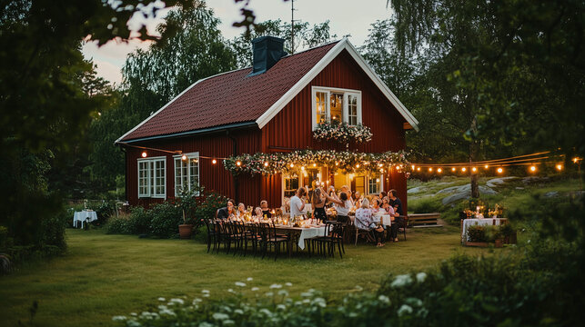A photo of a picturesque Swedish red cottage decorated with garlands of flowers, with an outdoor midsummer feast set up in the garden, families and friends raising glasses of aquavit in a cheerful toa