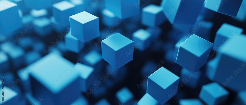 Fototapete Floating blue cubes in a dynamic 3D space create an abstract visual representation of technology and innovation