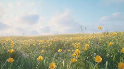 A field of yellow buttercups and tall grass swaying in the spring breeze, natural and carefree, ultra-detailed, 4k