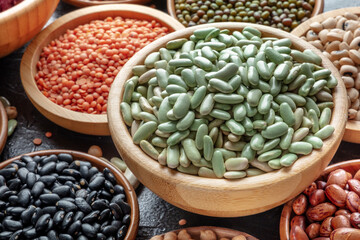 Various legumes in wooden bowls. Organic pulses. Healthy plant-based diet, vegan food
