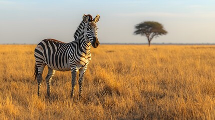 Naklejka premium A zebra stands in the golden savannah, its black-and-white stripes standing out against the dry grasslands. A peaceful African scene. 