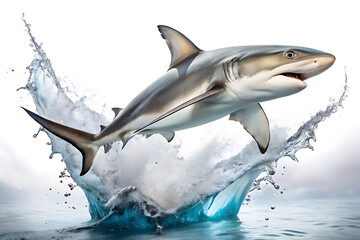 Obraz premium shark jumping of water with pure flat white background