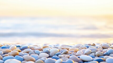 secluded beach with smooth pebbles, gentle waves lapping at the shore, warm evening light,