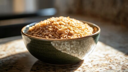 A bowl of dry brown short-grain rice placed on a kitchen counter with sunlight highlighting the details of the grains.