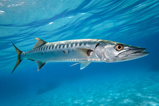 Close up of a barracuda swimming in blue ocean, highlighting its powerful body, sharp teeth and speed
