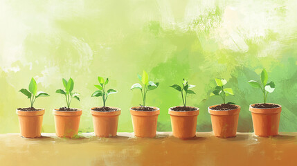 Obraz premium Young plants growing in pots on a wooden surface.