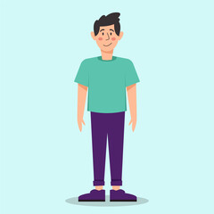 Smiling Young Man: A friendly and cheerful young man stands with a warm smile against a backdrop of soft, inviting hue. He is dressed in casual attire, the relaxed pose and gentle expression.