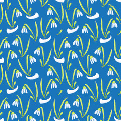 Seamless pattern with snowdrop flower hand drawn with colored pencils on a blue background