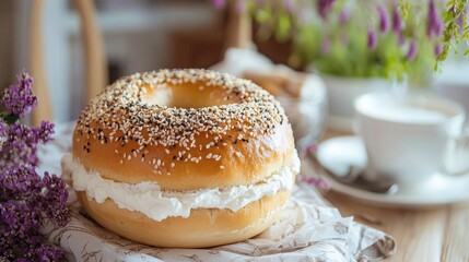 A fluffy cream cheese-stuffed bagel, soft and airy texture, placed on a modern minimalist table setting