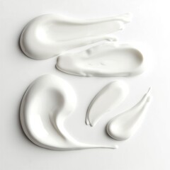 Composition of cosmetic strokes of foap, gel, cream. White smudge splash set for beauty face make-up. Texture sample for skin care, dripped lotion facial mask product.