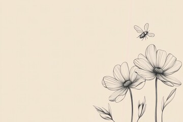 Fototapeta premium Delicate sketch of flowers and a bee on a soft background, perfect for nature themed designs, illustrations, or spring related projects