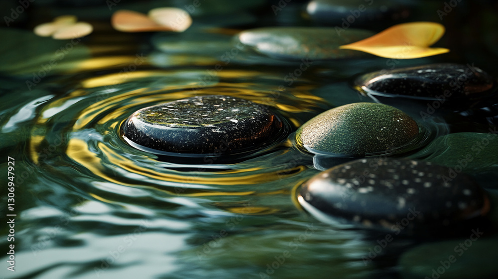 Poster dark, smooth stones float on dark green water, creating concentric ripples. image evokes tranquility