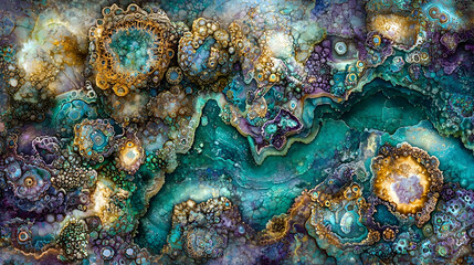 Abstract teal, gold, purple fractal art; cosmic ocean; swirling nebula background; website design