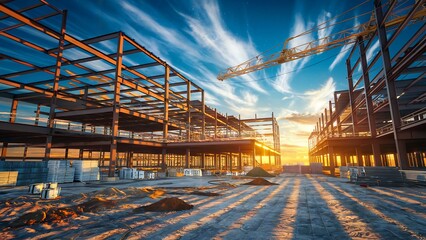 Modern construction site at sunset, showcasing steel framework and industrial progress