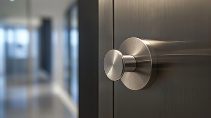 A close-up of a high-quality stainless steel door knob on a sleek door, capturing its modern design and smooth texture.