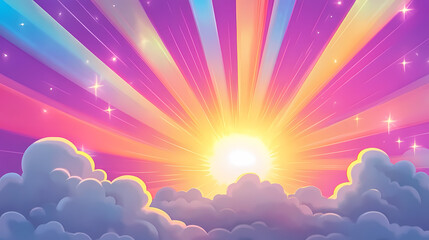 Sun Rising from the Clouds with Colorful Light Stripes