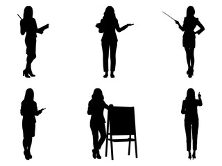 Set of Female Teacher Silhouette in various poses isolated on white background