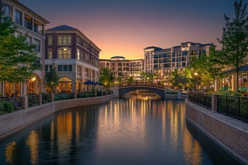 Fototapeta premium The Woodlands Waterway. Night Cityscape by River with Architectural Bridges and Buildings