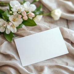 mockup of white gift certificate, pastel beige colours, bouquet of flowers on the background