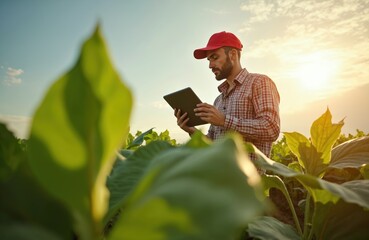 Farmer uses tablet computer to analyze data on tobacco farm. Smart agriculturist works in field with flare light in morning, uses modern tech, precision farming, application. Agricultural innovation,