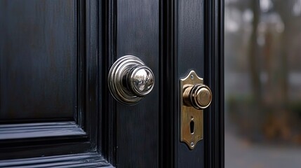 Obraz premium A contemporary door handle on a sleek, dark-colored door, focusing on the handle's polished texture and minimalist style.