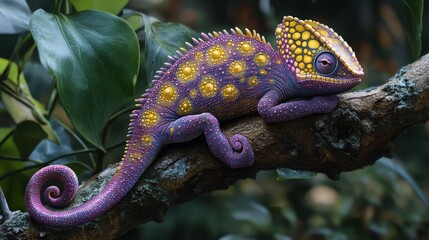 A vibrant, intricately designed chameleon boasts a long, slender body and tail. Its striking purple hue blends seamlessly into vivid surroundings, showcasing its remarkable camouflage abilities