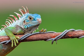 Fototapeta premium A juvenile green iguana resting on a branch, its sharp claws gripping the bark
