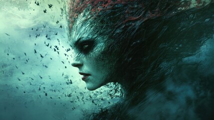 Enigmatic Sea Witch: A Digital Painting of a Mysterious Woman Emerging from the Depths, Surrounded by Birds in Flight
