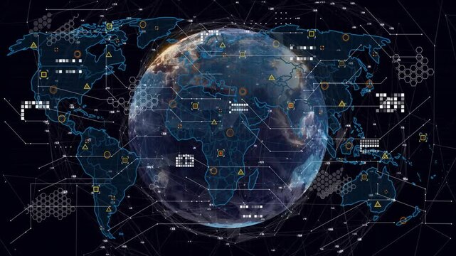 Animation of digital world map with data points and network connections around Earth