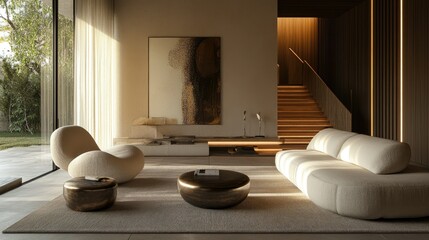 A cozy, minimalist luxury living room with neutral tones, contemporary furniture, and a warm ambiance created by elegant lighting.