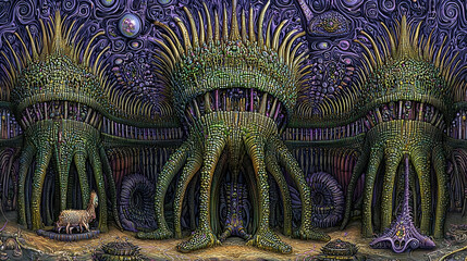 Obraz premium Fantastical, alien architecture; a sheep, in a surreal, otherworldly landscape