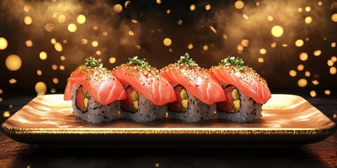 Realistic 3D Icon Cartoon of A Gourmet Tasting Plate of Bluefin Toro Sushi with Gold Flakes on a Fine Sushi Platter with a High-End Sushi Bar Background