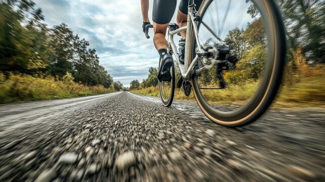 A cyclist navigating a challenging gravel road, with motion blur conveying movement.