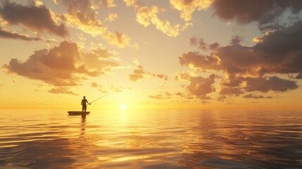 Fototapeta premium A fisherman casting his line into the ocean at sunset, vibrant sky, peaceful and serene atmosphere, ultra-realistic, high definition, 4K.
