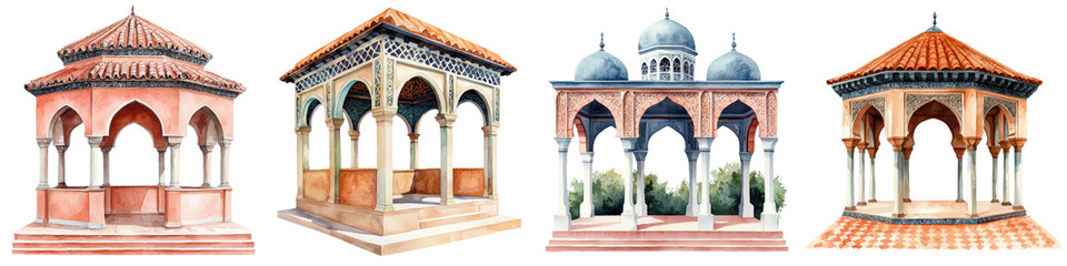 Fototapeta premium Beautifully crafted Middle Eastern style pavilions with domed roofs vibrant colors and intricate architectural details set amidst a lush verdant garden landscape