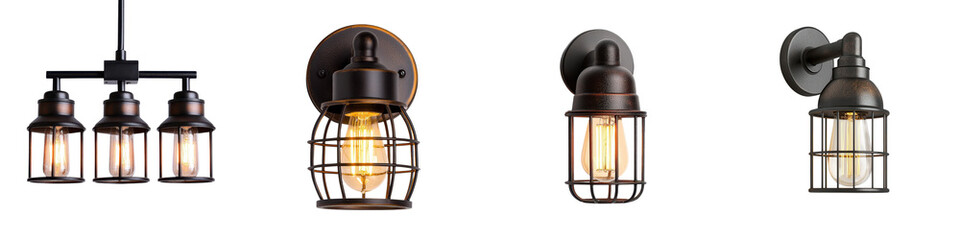 Diverse collection of vintage industrial modern and farmhouse inspired lighting fixtures including pendant lamps wall sconces and chandeliers for interior home decor and illumination