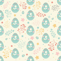 Easter egg seamless pattern, blue egg with flower, plant decoration