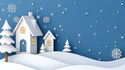 Naklejka premium Winter Wonderland with Snowy Houses and Trees on a Blue Background