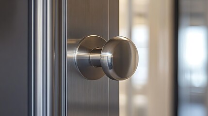 Naklejka premium A detailed image of a stainless steel door knob on a sleek modern door, showcasing the simple elegance and sturdy design.