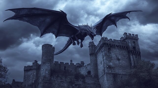 A flying dragon over an ancient castle, storm clouds in the distance, wings spread wide