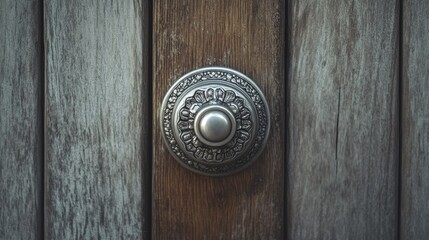 A detailed shot of a brushed stainless steel door knob, highlighting the intricate design and texture against a minimalist wooden door.