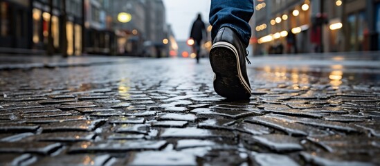Fototapeta premium A close-up of a person walking on a wet cobblestone street in a bustling urban area