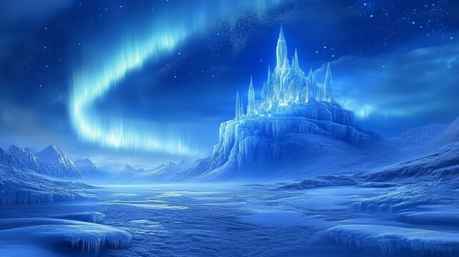 A frozen tundra with a glowing ice castle in the distance, northern lights