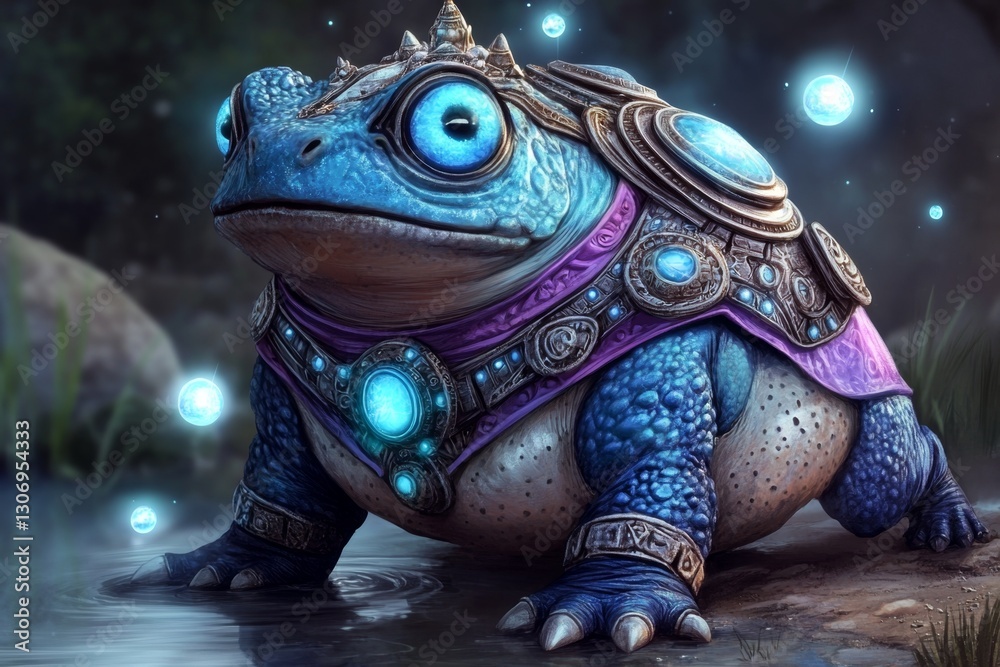 Poster a magical amphibian glowing with mystical energy, surrounded by tiny floating orbs of light